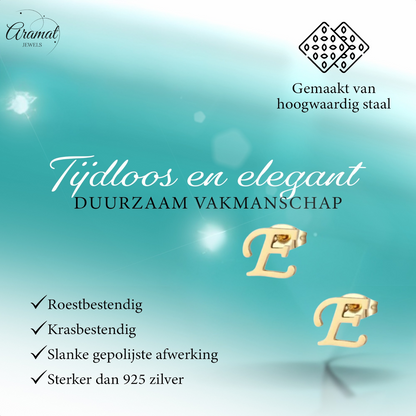 Gold-colored stainless steel ear studs Letter E