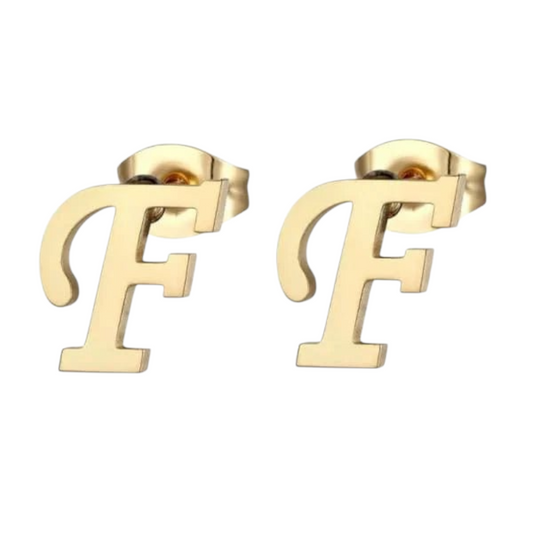 Gold-colored stainless steel ear studs Letter F