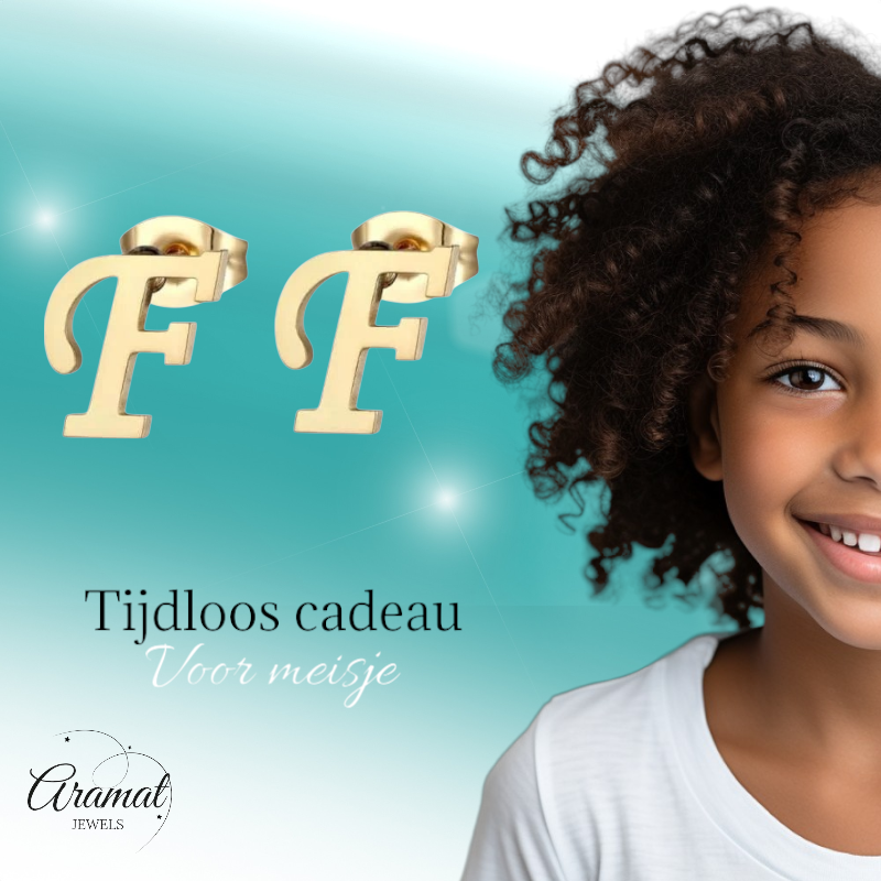 Gold-colored stainless steel ear studs Letter F