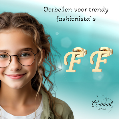 Gold-colored stainless steel ear studs Letter F