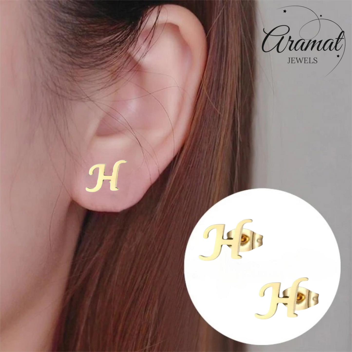 Gold-colored stainless steel ear studs Letter H