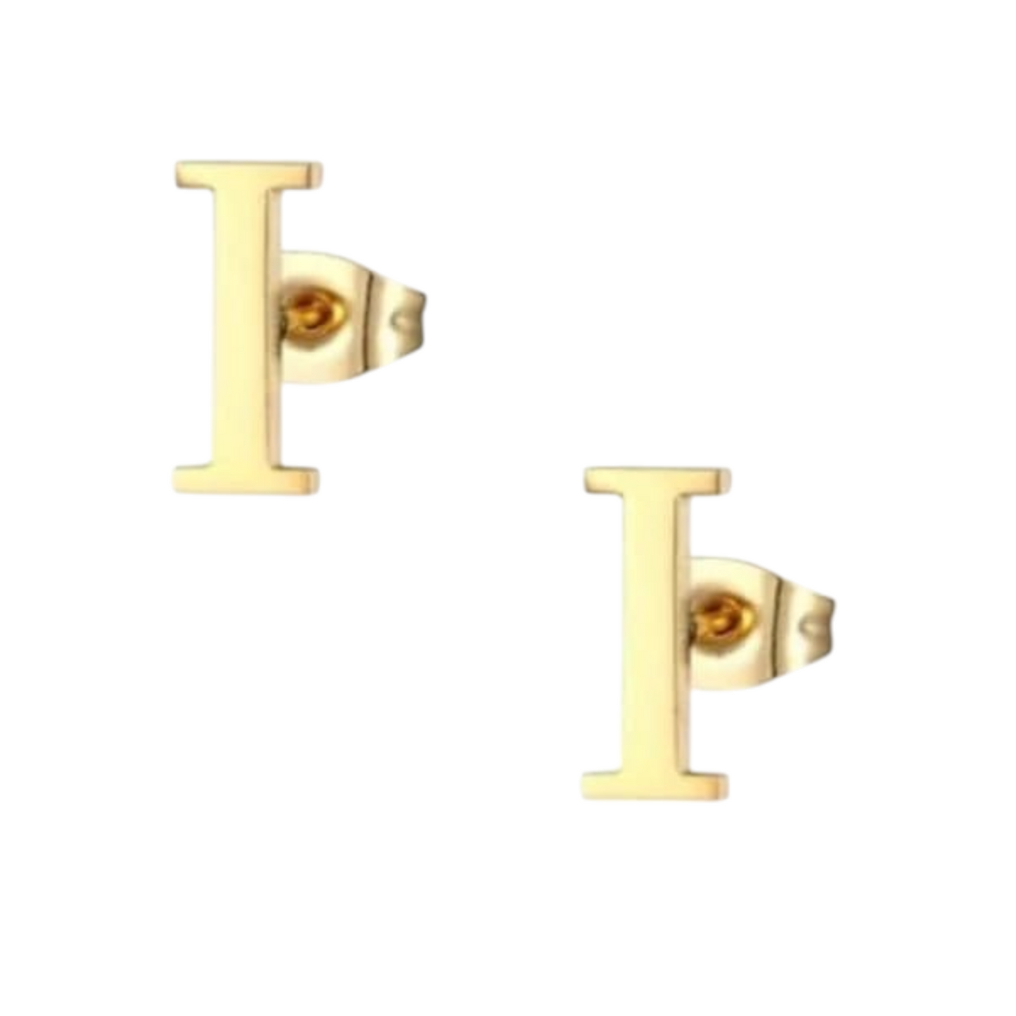 Stainless steel letter I ear studs, gold-colored