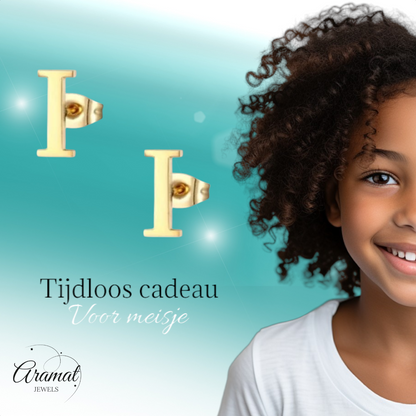 Stainless steel letter I ear studs, gold-colored