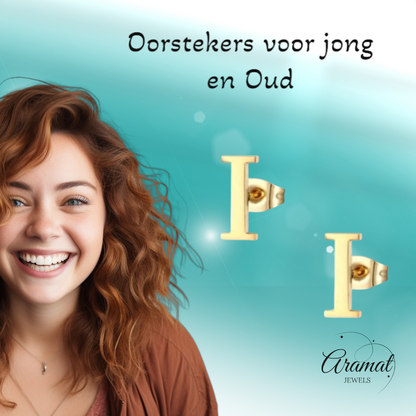 Stainless steel letter I ear studs, gold-colored