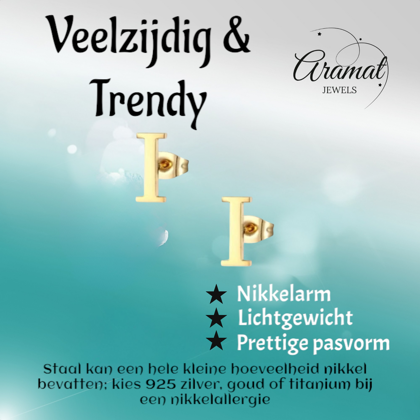 Stainless steel letter I ear studs, gold-colored