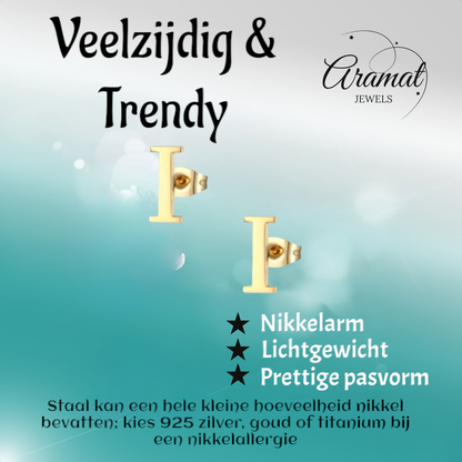 Stainless steel letter I ear studs, gold-colored