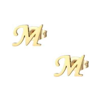 Stainless steel letter M stud earrings, gold-coloured