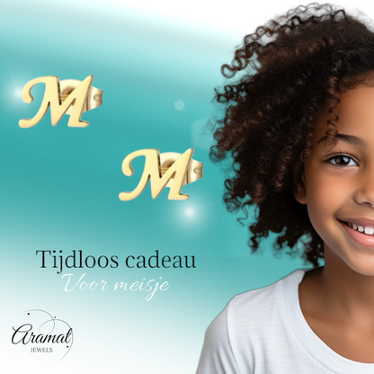 Stainless steel letter M stud earrings, gold-coloured