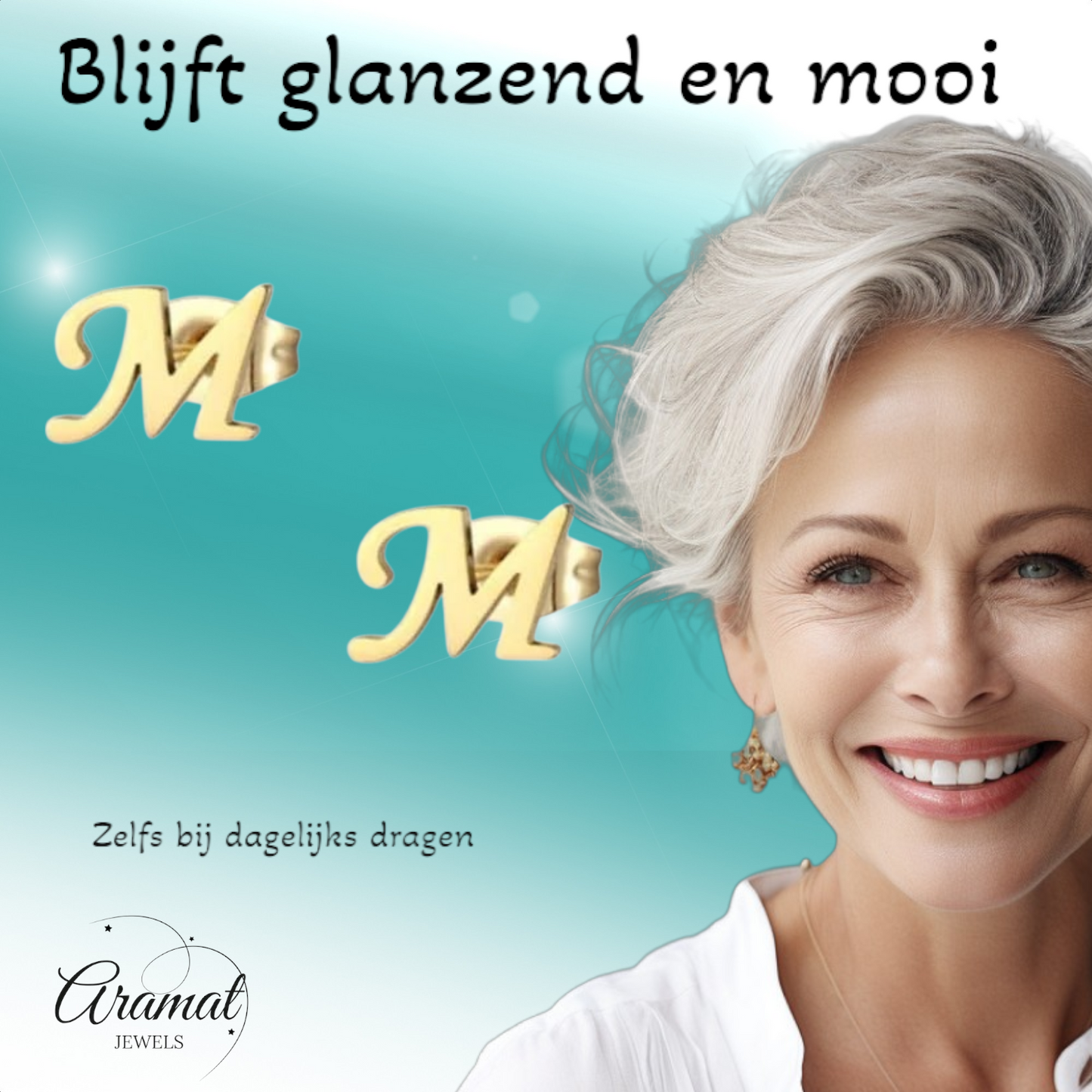 Stainless steel letter M stud earrings, gold-coloured