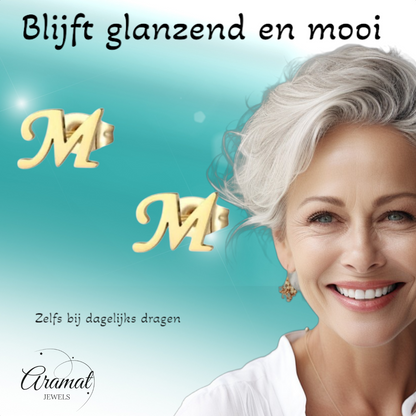 Stainless steel letter M stud earrings, gold-coloured