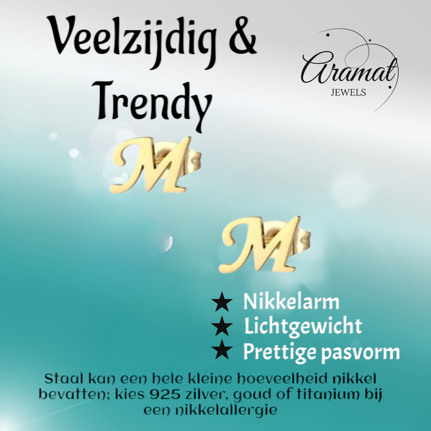 Stainless steel letter M stud earrings, gold-coloured