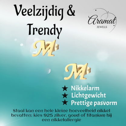 Stainless steel letter M stud earrings, gold-coloured