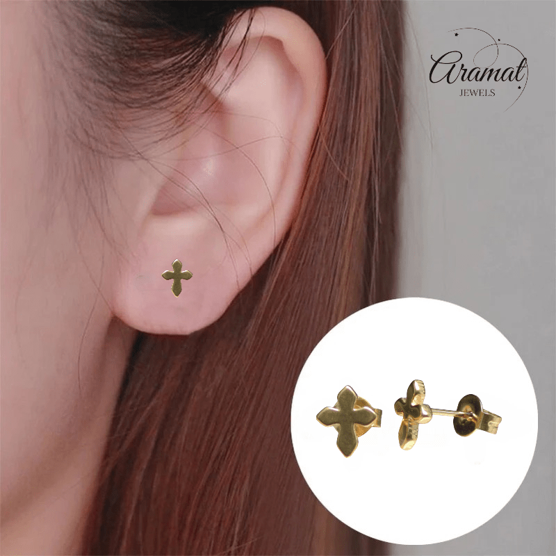 Stalen Oorbellen kruisje – Goudkleur – 8x7mm - Aramat Jewels - Oorbellen - cadeautip
