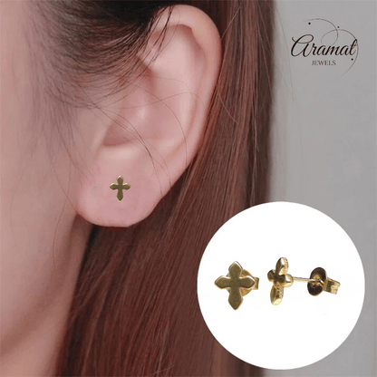 Stalen Oorbellen kruisje – Goudkleur – 8x7mm - Aramat Jewels - Oorbellen - cadeautip