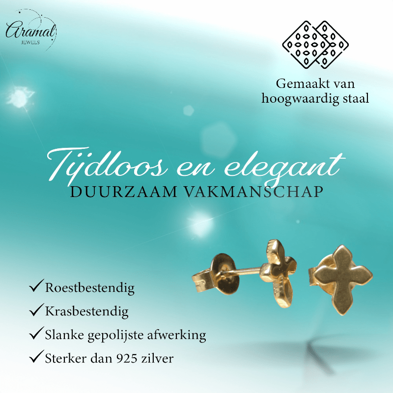 Stalen Oorbellen kruisje – Goudkleur – 8x7mm - Aramat Jewels - Oorbellen - cadeautip