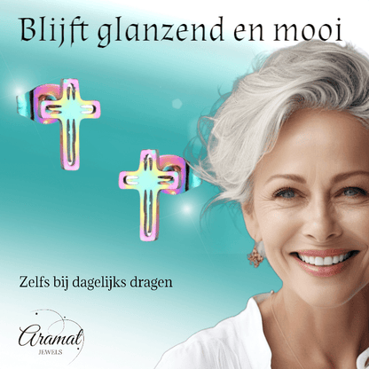 Stalen Oorbellen kruisje – Multikleur – 10x7mm - Aramat Jewels - Oorbellen - cadeautip