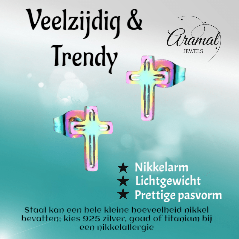 Stalen Oorbellen kruisje – Multikleur – 10x7mm - Aramat Jewels - Oorbellen - cadeautip