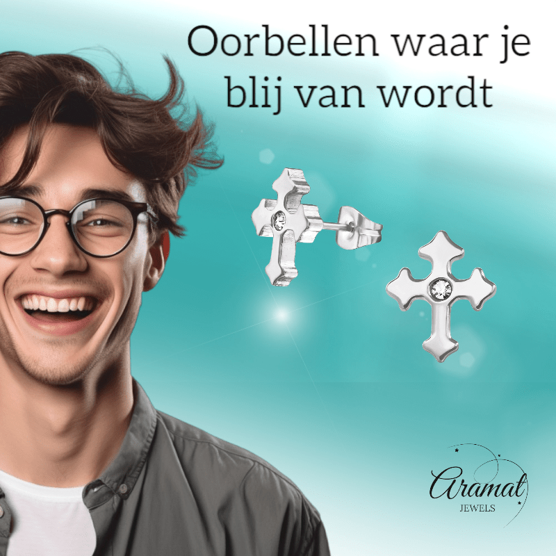 Stalen Oorbellen met kruisje met klein steentje – Zilverkleur – 12x10mm - oor3343 - 30176 - Oorbellen kopen# - 12mm - alles - cadeau