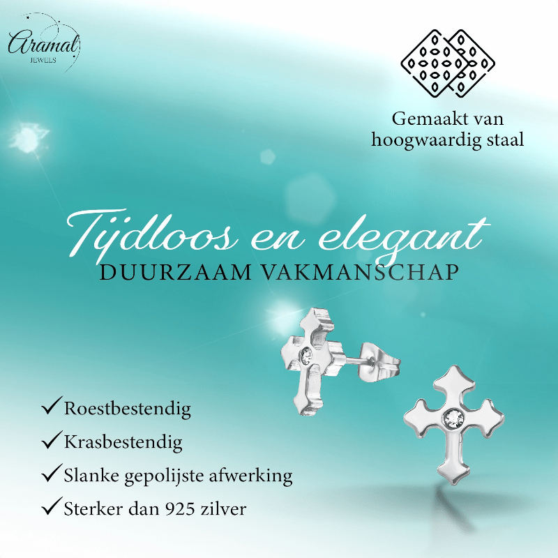 Stalen Oorbellen met kruisje met klein steentje – Zilverkleur – 12x10mm - oor3343 - 30176 - Oorbellen kopen# - 12mm - alles - cadeau