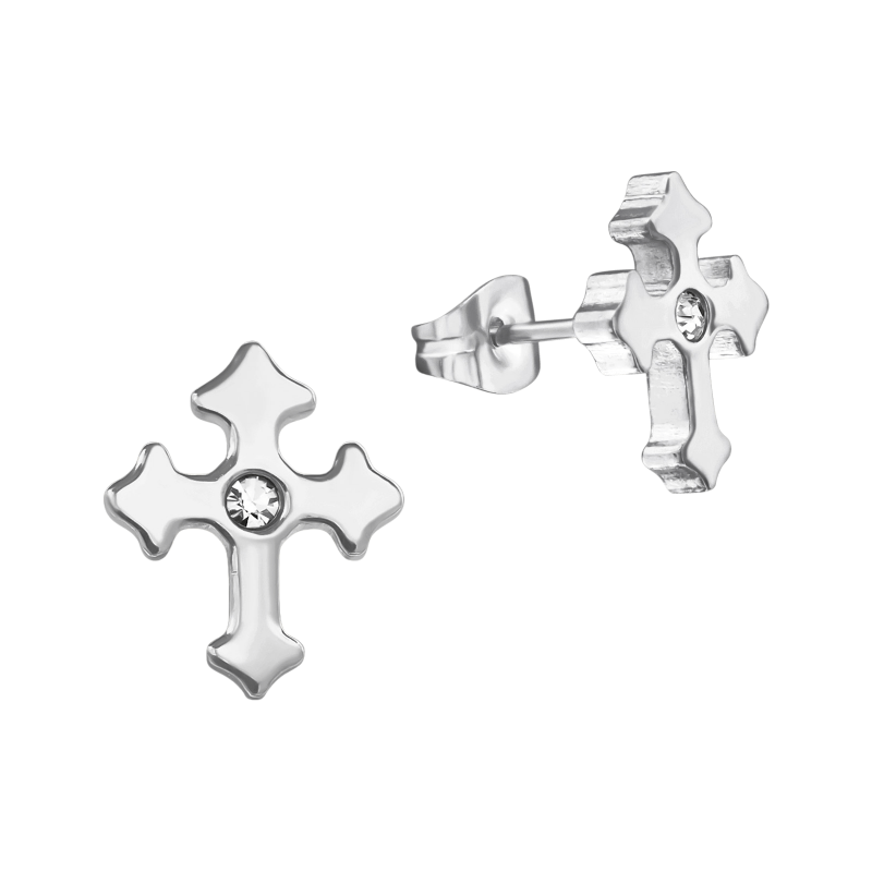 Stalen Oorbellen met kruisje met klein steentje – Zilverkleur – 12x10mm - oor3343 - 30176 - Oorbellen kopen# - 12mm - alles - cadeau