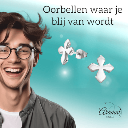 Stalen Oorbellen met kruisje – Zilverkleur – 12x11mm - oor3340 - 28851 - Oorbellen kopen# - 12mm - alles - cadeau