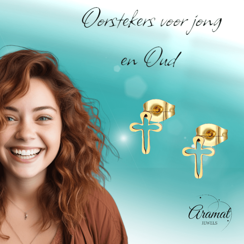 Stalen Oorbellen met open kruisje – Goudkleur – 10x8mm - Aramat Jewels - Oorbellen - cadeautip