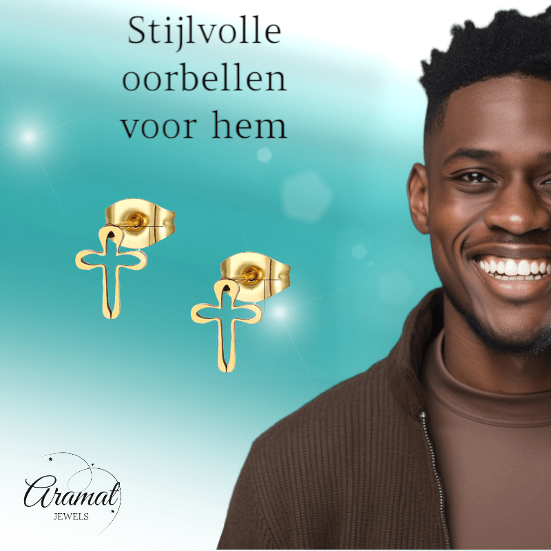 Stalen Oorbellen met open kruisje – Goudkleur – 10x8mm - Aramat Jewels - Oorbellen - cadeautip
