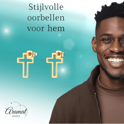 Stalen Oorbellen met opengewerkt kruisje – Goudkleur – 10x7mm - Aramat Jewels - Oorbellen - cadeautip