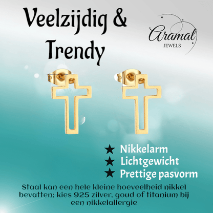 Stalen Oorbellen met opengewerkt kruisje – Goudkleur – 10x7mm - Aramat Jewels - Oorbellen - cadeautip