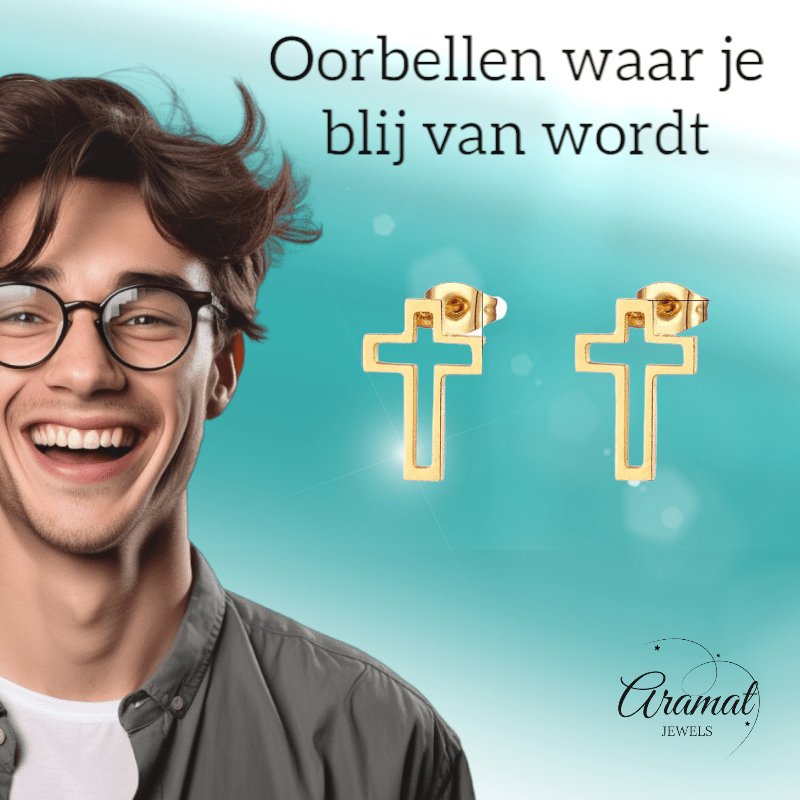 Stalen Oorbellen met opengewerkt kruisje – Goudkleur – 10x7mm - Aramat Jewels - Oorbellen - cadeautip