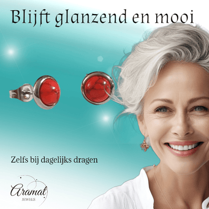 Stalen oorbellen rood gemarmerd 8mm zilverkleur - oor3069 - Oorbellen kopen# - 8mm - alles - cadeau