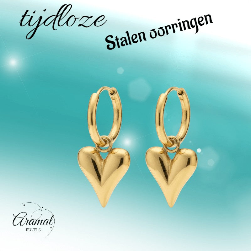 Stalen Oorringen met Hartjes bedel goudkleur - Aramat Jewels - Oorringen - cadeautip