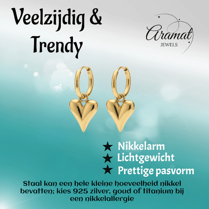 Stalen Oorringen met Hartjes bedel goudkleur - Aramat Jewels - Oorringen - cadeautip