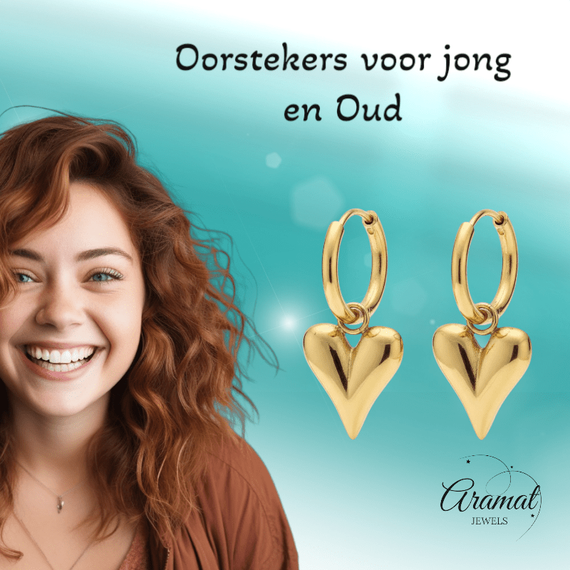 Stalen Oorringen met Hartjes bedel goudkleur - Aramat Jewels - Oorringen - cadeautip