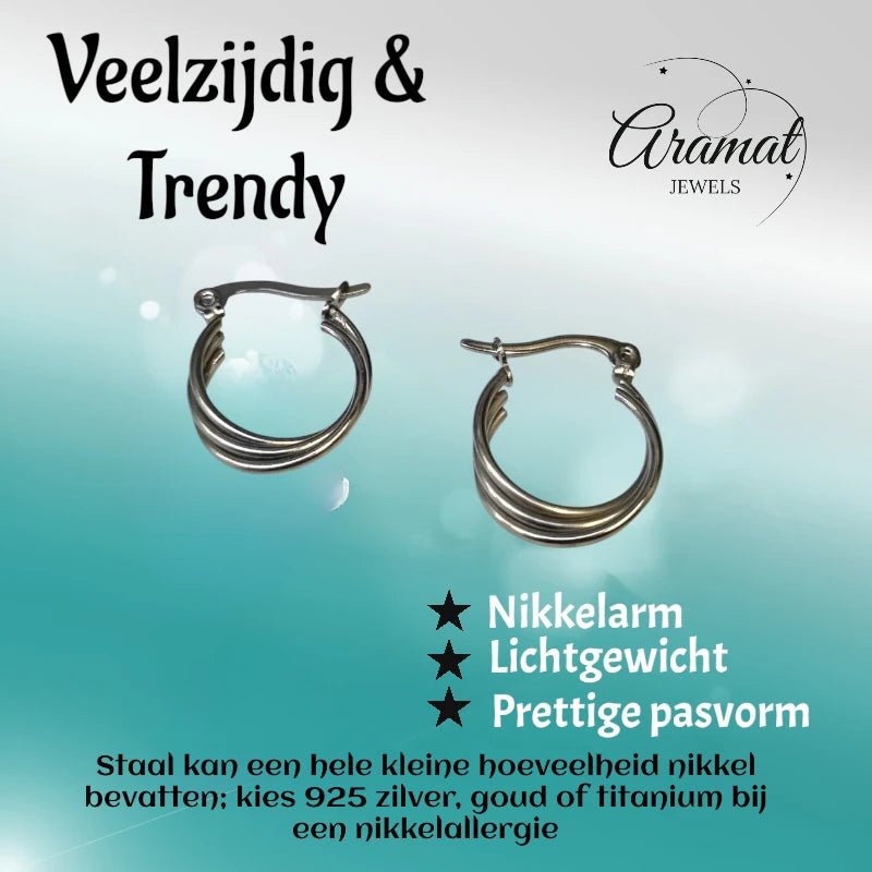 Stalen Oorringen met Triple Hoop Design (16 mm) - Aramat Jewels - Oorringen - cadeautip