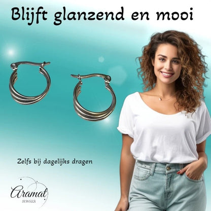 Stalen Oorringen met Triple Hoop Design (16 mm) - Aramat Jewels - Oorringen - cadeautip