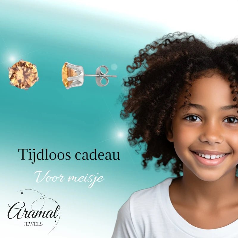 Stalen Oorstekers met Champagne Zirkonia - Rond - Aramat Jewels - Oorbellen - cadeautip