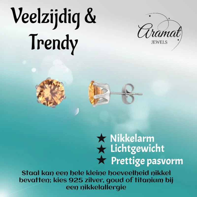 Stalen Oorstekers met Champagne Zirkonia - Rond - Aramat Jewels - Oorbellen - cadeautip