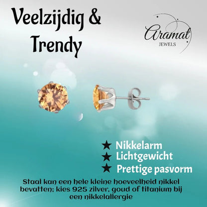 Stalen Oorstekers met Champagne Zirkonia - Rond - Aramat Jewels - Oorbellen - cadeautip