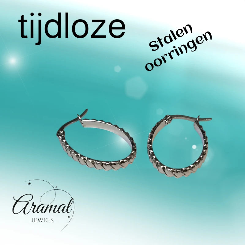 Boucles d'oreilles – Forme ovale en acier inoxydable avec rayures diagonales (28 mm)