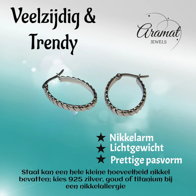 Boucles d'oreilles – Forme ovale en acier inoxydable avec rayures diagonales (28 mm)