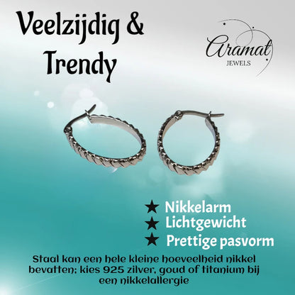 Boucles d'oreilles – Forme ovale en acier inoxydable avec rayures diagonales (28 mm)