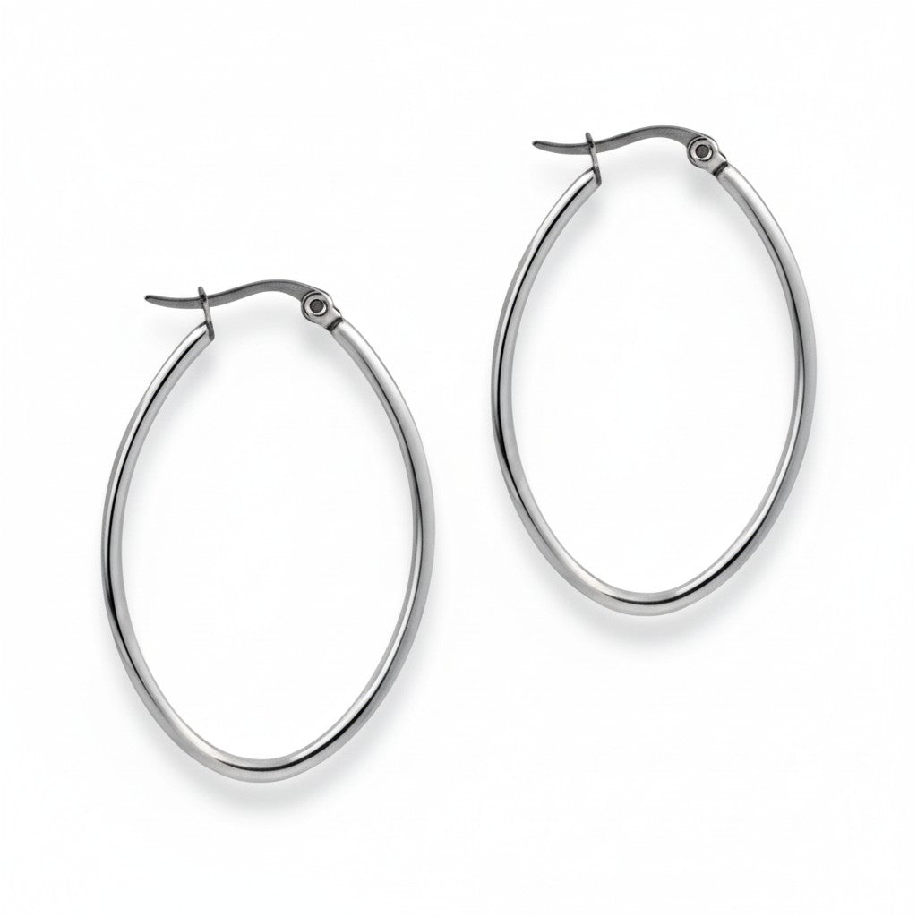 Boucles d'oreilles – Créoles ovales en acier inoxydable couleur argent (Tailles variées)