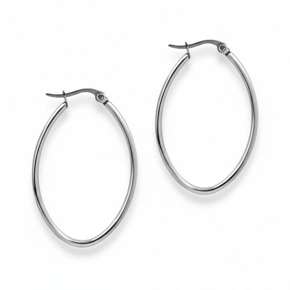 Boucles d'oreilles – Créoles ovales en acier inoxydable couleur argent (Tailles variées)