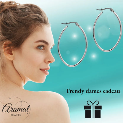 Boucles d'oreilles – Créoles ovales en acier inoxydable couleur argent (Tailles variées)