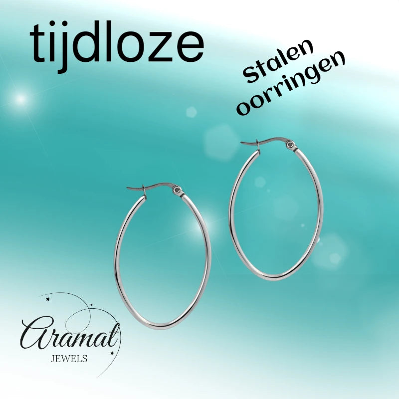 Boucles d'oreilles – Créoles ovales en acier inoxydable couleur argent (Tailles variées)