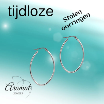 Boucles d'oreilles – Créoles ovales en acier inoxydable couleur argent (Tailles variées)