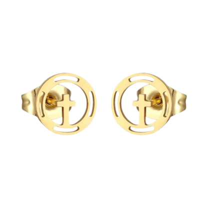 Stalen Ronde Kruis Oorbellen Goudkleur – 10mm - Aramat Jewels - Oorbellen - cadeautip