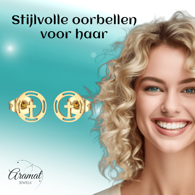 Stalen Ronde Kruis Oorbellen Goudkleur – 10mm - Aramat Jewels - Oorbellen - cadeautip