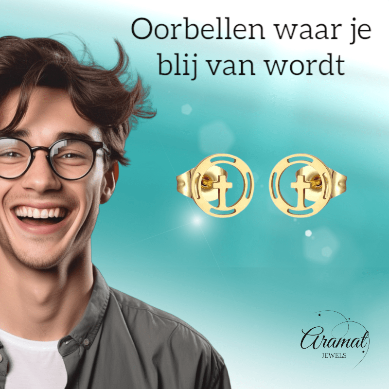 Stalen Ronde Kruis Oorbellen Goudkleur – 10mm - Aramat Jewels - Oorbellen - cadeautip